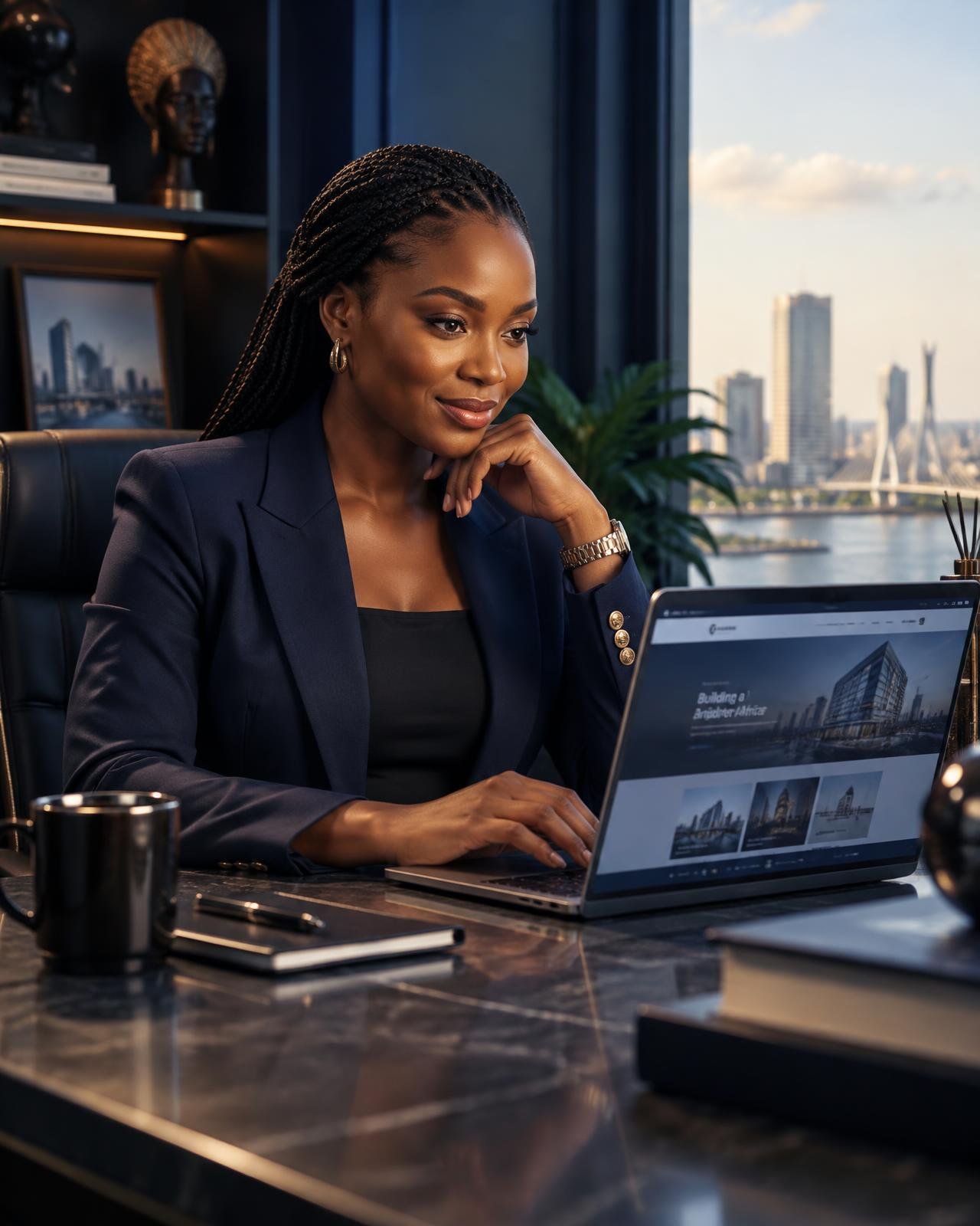 A Nigerian business owner reviewing her company website on a laptop