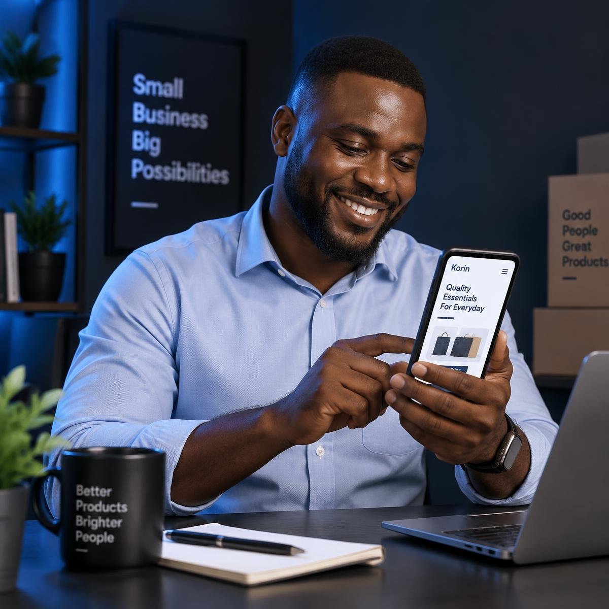 A Nigerian business owner viewing a mobile-friendly website on his phone